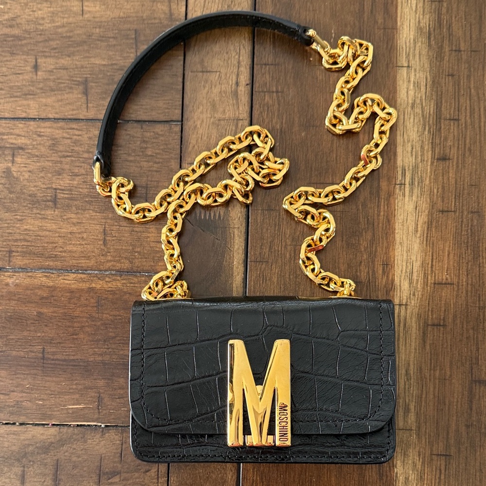 Moschino Black Croc-Embossed Mini Bag with Gold Chain